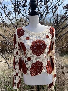 Rebellion Again Crochet Floral Applique Open Knit Long Sleeve Cropped Sweater